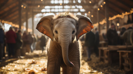 baby elephant standing in barn: this photo captures a heartwarming moment of a baby elephant standing in a barn. the image, created in the style of unreal engine 5, showcases a pop-culture-infused and cinematic storytelling approach. with the use of ray tracing, the lighting in the photo is beautifully rendered in light orange and amber hues. the advertising-inspired composition evokes a strong emotional impact. aiの素材