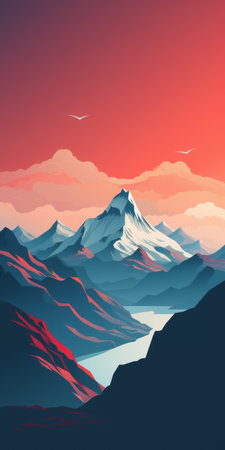 a stunning zen mountain range with a cascading waterfall and a breathtaking sunrise sky. the vibrant color gradients of dark turquoise and light red create a mesmerizing visual experience. the flat perspective and birds-eye-view add depth to this whistlerian-inspired concept art, evoking a sense of romance and tranquility. ai generatedの素材