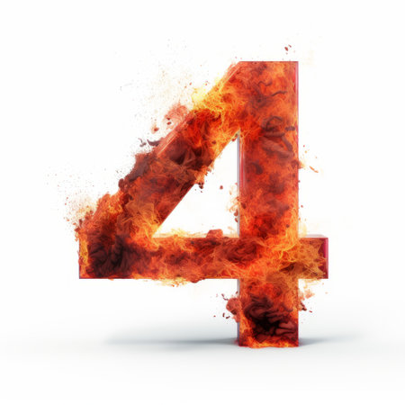 the number 4 is depicted as flames in this explosive and vibrant image of fire. created in the style of daz3d, the artwork features elements like letterboxing, fragmented advertising, and a matte photo effect. against a white background, the fiery hues of dark orange and light crimson add intensity to the composition. ai generatedの素材