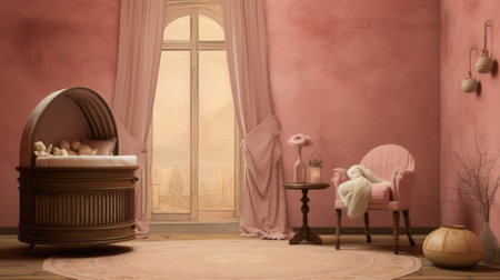 baby room decorated in pink with furniture, featuring a renaissance-inspired chiaroscuro style. this uhd image showcases a realistic yet romantic atmosphere with atmospheric color washes. the windows offer a beautiful vista, while the red and beige tones add a touch of elegance reminiscent of rococo interiors. ai generatedの素材