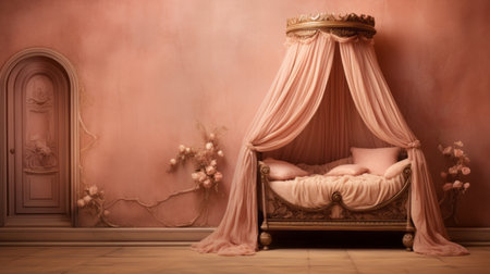 a pink bedroom featuring a baroque-style bed and table, adorned with flowing draperies in light orange and light gold. the room exudes a sense of photorealistic fantasies and fairycore aesthetics, with spectacular backdrops and a focus on natural materials. ai generatedの素材