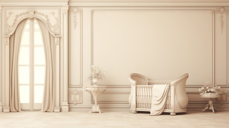 old interior door by chair in a royal scene, featuring a light beige and beige color scheme. the realistic hyper-detailed rendering adds to the childlike simplicity of the neoclassical sculptures. the minimalist backgrounds in light orange and beige create a soft and romantic atmosphere. ai generatedの素材