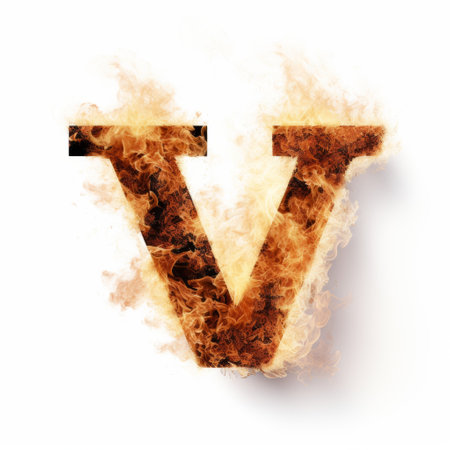a burning letter "v" is depicted on a white screen, showcasing layered imagery with subtle irony and expressionist emotiveness. the explosive pigmentation and mastery of lettering create a visually striking composition. the inclusion of realistic and naturalistic textures adds depth to the artwork, while satirical social commentary adds an additional layer of meaning. ai generatedの素材