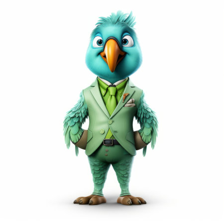 a blue parrot wearing a suit stands confidently against a clean white background. this quirky character design showcases a blend of light green and bronze colors. with elements of working-class empathy and the use of unreal engine 5, this digitally enhanced image captures the essence of commercial imagery. inspired by the vancouver school, it exudes a unique and captivating aesthetic. ai generatedの素材