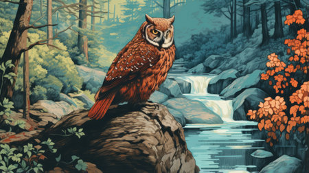 acrylic painting by spydax owl featuring a realistic landscape of a rock by a waterfall. the artwork showcases a warm tonal range with light maroon and azure hues, creating a lifelike depiction. with its realistic color schemes and scientific illustration style, this painting captures the beauty of nature in stunning detail. ai generatedの素材