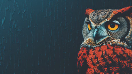 a stunning 8k resolution photo featuring a black background adorned with a captivating red and orange owl. the photorealistic surrealism style brings out the hyper-realistic animal illustrations, while the water drops add a touch of texture. the dark red and gray hues create a mesmerizing contrast against the vibrant owl. with a hint of rap aesthetics, this photo is a true visual masterpiece. ai generatedの素材