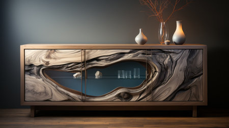 a surreal 3d landscape-inspired wooden cabinet, designed by caras ionut, stands in the living room. the organic and fluid lines of the cabinet complement the nearby vases. made with glass as the primary material, the cabinet features a captivating combination of dark brown and light blue colors. this landscape-focused piece adds an artistic touch to the room. ai generatedの素材