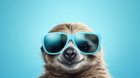 a cute sloth wearing blue sunglasses poses behind a vibrant blue wall, creating a visually striking image with a solarization effect. this captivating photograph, shot on 70mm film, showcases the sloth's adorable charm while incorporating elements of explosive wildlife and advertising-inspired aesthetics. the use of a large format lens enhances the details, making it a perfect fit for imax screens. ai generatedの素材
