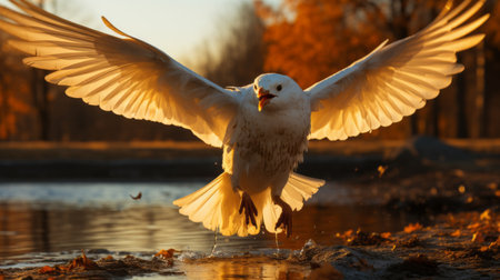 a white dove gracefully flies over the water, preparing to breed her chick. this captivating backlit photograph showcases the beauty of nature with its orange and gold hues. the uhd image captures the lively movement of the dove, creating a mesmerizing pointillist scene. the white and maroon colors add to the enchanting portrayal of this documentary-worthy moment. ai generatedの素材
