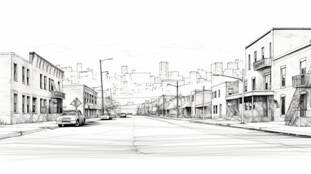 the sketch depicts a town street with a sketchy rendering, reminiscent of gritty urban landscapes. the use of ambient occlusion adds depth and realism to the scene. the composition captures the essence of american urbanism, showcasing captivating skylines. the influence of bill watterson's artistic style is evident, with soft atmospheric perspective enhancing the overall atmosphere of the artwork. ai generatedの素材
