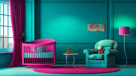a small blue baby room with a chair is depicted in this digital art piece. the room is styled with dark green and magenta, creating an absurdist installation. the use of dark pink and green adds a touch of realism, while the pure colors enhance the overall aesthetic. the artwork captures a unique "mommys on-the-phonecore" theme through its creative techniques. ai generatedの素材