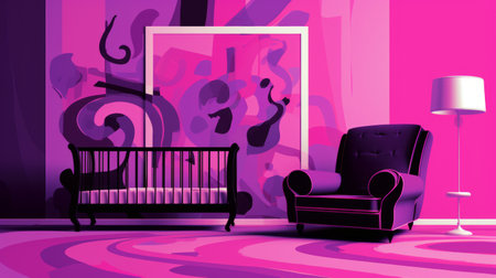 a chair and crib are positioned facing a wall in this psychedelic illustration. the composition features vibrant stage backdrops with dark magenta and dark black colors. the cartoon-like elements are depicted with smooth lines and a loose, painterly style. the overall composition is monochromatic and visually captivating. ai generatedの素材
