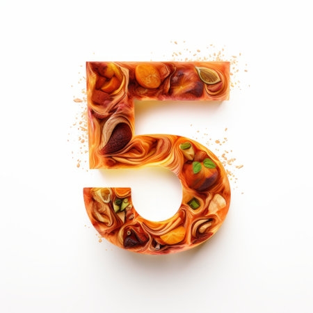 a vibrant and hyperrealistic illustration of a number five made entirely of pasta. the orange and amber tones create a visually striking image, enhanced by multi-layered textures and the use of a sabattier filter. this commercial imagery showcases an elaborate fruit arrangement, merging creativity and culinary artistry. ai generatedの素材