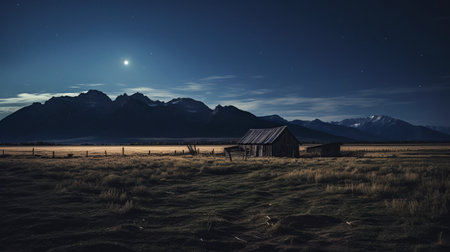 an old wooden building illuminates the night sky with its rustic charm. this captivating image captures the essence of expansive landscapes and simplicity, with a monochromatic color palette of dark cyan and gray. the cowboy imagery adds a touch of nostalgia, while the romantic moonlit seascape creates a serene atmosphere. experience the pastoral charm of this 32k uhd photograph. ai generatedの素材