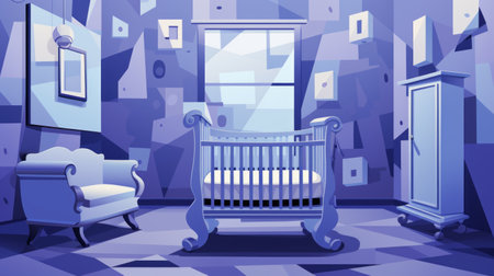 a blue crib stands in a room, featuring a pop art cartoonish style. the room is adorned with dark violet, monochromatic abstractions, creating a unique and artistic atmosphere. the illustration showcases flat illustrations, reminiscent of crystal cubism, and explores psychological phenomena through its captivating visuals. ai generatedの素材