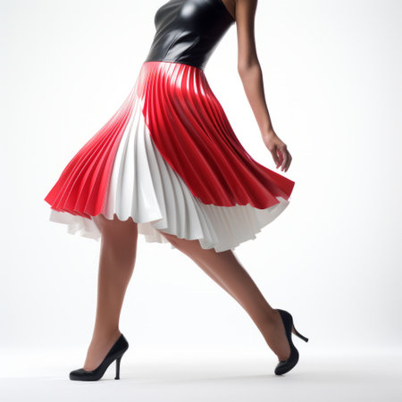 a woman with red lipstick is seen wearing a fashion dress in red, white, and blue. the dress showcases a graceful balance of colors and is made of leatherhide. the design features a black-and-white graphic pattern, with accents of light red and light bronze. the dress is sculpted and made of flowing fabrics in light red and white. ai generatedの素材