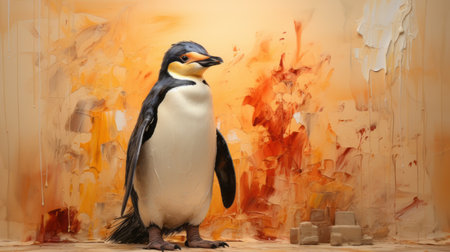 a penguin sits in front of a painting, showcasing a realistic hyper-detailed rendering. the artwork reflects the style of an action painter, with golden light illuminating the scene. the painting exhibits finely rendered textures and incorporates varied brushwork techniques, capturing a spontaneous energy. the use of photo-realistic techniques adds to the overall lifelike quality of the artwork. ai generatedの素材