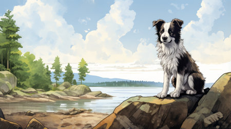 a hyper-realistic 2d game art illustration featuring an abstract dog perched on a rock, attentively observing a passing boat. this artwork combines elements of plein air landscapes, comic strips, and wilderness aesthetics, creating a captivating cabincore scene. the panoramic scale adds depth and immerses viewers in the serene ambiance of the image. ai generatedの素材