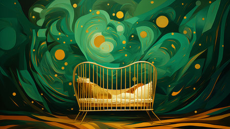 a man sits on a bed in a surrealistic dreamscape, surrounded by green and gold hues reminiscent of children's book illustrations. the smokey background adds an ethereal touch to the scene, while organic flowing forms create a dreamlike atmosphere. the image evokes the whimsical nature of surrealistic cartoons, with a touch of datamosh aesthetic. ai generatedの素材