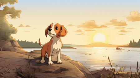 a dog, in the style of patrick brown's romantic illustration, sits on a rock at both sunrise and sunset. this 2d game art features a light brown and white color palette, with a hand-drawn animation style. the beauty of this rasquache artwork is truly breathtaking. ai generatedの素材