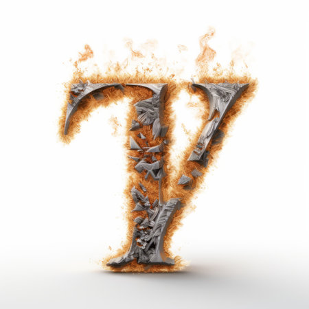 a 3d fire letter "v" is depicted in this stock photo, set against a white background. the image showcases a unique blend of rustic renaissance realism and apocalyptic themes, with concrete elements and dynamic action scenes. this high-quality photo captures the essence of a 17th-century atmosphere, complete with rusty debris. ai generatedの素材