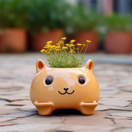 an orange clay rabbit with flower and nature motifs, featuring a mischievous feline motif. the low-angle shots capture its vibrant colors of light yellow and light brown. this unique sculpture, created with a glossy finish, stands out against the urban environment. shot with a konica big mini camera. ai generatedの素材