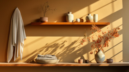 a shelf adorned with books and plants, featuring a minimalist beauty. the light orange and light amber hues create a realistic portrayal of light and shadow, complementing the experimental pottery and earthy color palette. sunrays gracefully shine upon the arrangement, enhancing its serene ambiance. bess hamiti's artistic touch is evident in this captivating composition. ai generatedの素材