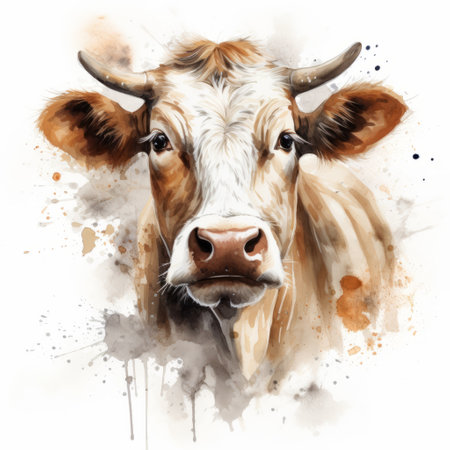 a watercolor cow icon illustration portrait in the style of white and bronze. this reklamn skr naty features detailed, layered compositions that are digitally enhanced. the realistic and emotive portraits are powerful and contest-winning. the image is available in 32k uhd resolution. ai generatedの素材