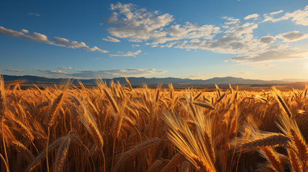stacked reams of wheat bask in the sun, showcasing a precisionism influence with their dark sky-blue and gold hues. the light orange and white tones add depth to the expansive landscapes captured in this cryengine photograph. with a whistlerian touch, this image beautifully encapsulates the essence of nature. ai generatedの素材