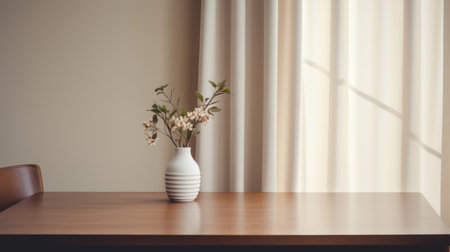 a vase of flowers sits on a table next to a window, overlooking an empty room. the photo captures the essence of muted colorscape mastery, japanese minimalism, and post-minimalism. with its 8k resolution, the image showcases the intricate details and ambient occlusion. the muted earth tones add a serene touch to the overall composition. ai generatedの素材