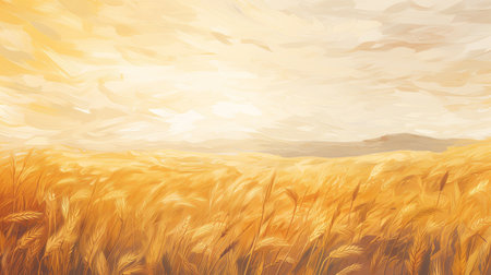 a golden wheat field with hills, depicted in a speedpainting style, showcases realistic landscapes with soft, tonal colors. the soft and hazy brushstrokes add depth to the illustration, which is rendered in a high resolution of 3840x2160. the painted illustration captures richly colored skies, enhancing the overall visual appeal. ai generatedの素材