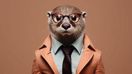 an animal wearing glasses and a suit, captured in a photographically detailed portrait. the portrait showcases a combination of dark orange and light beige tones, creating a studio-like atmosphere. the animal's fur is depicted in light brown and magenta hues, giving it a smooth and polished appearance. the portrait is inspired by marine biology, resulting in a precise and lifelike representation. ai generatedの素材