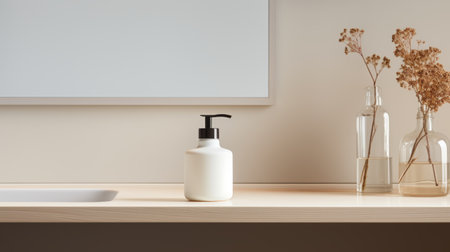 a bathroom featuring a shampoo bottle and vases placed beside a mirror. the photo showcases a matte background with a minimalist painter's style. it is captured in 8k resolution, displaying soft-focused realism. the image incorporates earth tones and clean, sharp inking, reminiscent of the works of charles spencelayh. ai generatedの素材