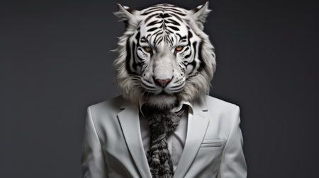 a man dressed as a tiger, wearing a black suit, stands out in this ambient occlusion style photograph. the wildlife art with a satirical twist showcases the creativity of thomas wrede and caras ionut. the high gloss finish and bold color contrast add to the captivating visual impact of this unique image. ai generatedの素材