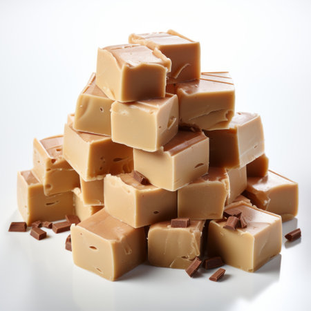 a pile of fudge with chocolate chips, resembling the style of john wilhelm, is showcased on a surface. the fudge is light yellow and light beige in color, illuminated by softbox lighting. the composition is reminiscent of salvator rosa's sharp angles and orthogonal lines, resulting in an elaborate arrangement. ai generatedの素材