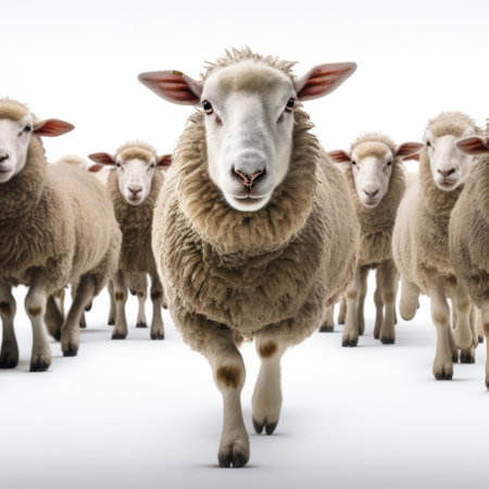 a sheep herd, walking in a straight line, creates a captivating image with relatable personality. the tenebrism effects add depth and intrigue, while the innovating techniques enhance the visual impact. this photo subtly critiques consumer culture, drawing inspiration from the works of scott adams. it also offers a commentary on race, all captured through the unique perspective of a fish-eye lens. ai generatedの素材