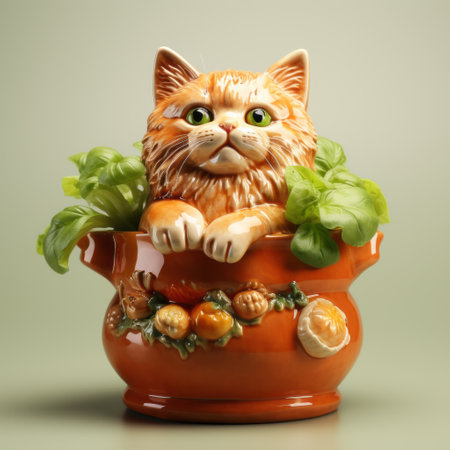 orange cat sitting on an orange planter, showcasing charming character illustrations in the style of zbrush. this kitchen still life captures the essence of light maroon and light green hues. the uhd image highlights the intricate details of the miniatures, while the lively illustrations bring the scene to life. ai generatedの素材