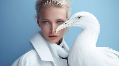 a girl in a white coat poses with a bird prop, showcasing photorealistic surrealism. the smooth and shiny style, reminiscent of object portraiture, highlights the artist's expertise. serene maritime themes and fashion photography influence the composition. this captivating image, rendered in cinema4d, captures the girl's expressive eyes. ai generatedの素材