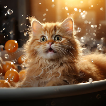 an orange cat sits in a tub of bubbles, showcasing a stunning photo-realistic style with vray tracing. this epic portraiture captures the cat's playful expressions and the realistic still life is enhanced by dramatic lighting. a contest winner, this image showcases the artist's skillful use of photo-realistic techniques. ai generatedの素材