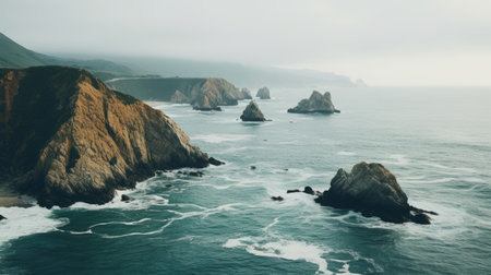 the photo captures the shady cliffs in a surreal and dreamlike style, showcasing a mix of gray and emerald tones. the soft-focus portraits of the cliffs resemble the artistic movement of american tonalism. the aerial photography perspective adds to the dreamy and romantic composition, reminiscent of the san francisco renaissance. ai generatedの素材