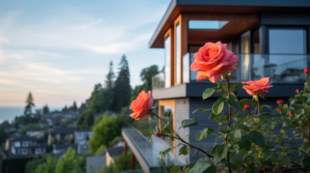 sleek hillside house design by olson kundig captured in this queen anne architecture photography. the close-up shot features a blurred rose in the foreground, adding a touch of natural beauty. shot in 8k from a cinematic perspective, the composition showcases professional color grading, epic volumetric lighting, and sharp focus. the film grain and atmospheric elements enhance the overall atmosphere. captured using a sony alpha a7の素材