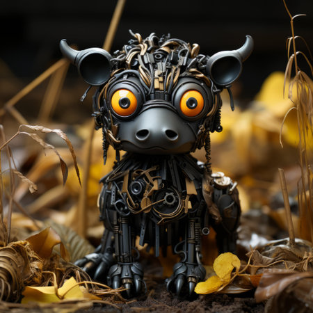a hyper-realistic cow figurine with yellow eyes stands against a black background. the figurine, created in the style of filip hodas, features vibrant color gradients inspired by maurice sendak. it also incorporates a touch of grotesque character inspired by patrick dougherty. the image has been digitally enhanced to enhance its visual impact. ai generatedの素材