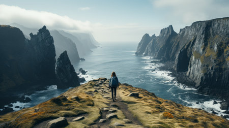 person standing on cliff edge, gazing at the vast ocean in the background. this captivating photo, reminiscent of jessica rossier's style, showcases the breathtaking norwegian nature. with influences from national geographic and henry scott tuke, the image captures layered landscapes in a palette of light aquamarine and black, evoking a sense of traditional beauty. ai generatedの素材