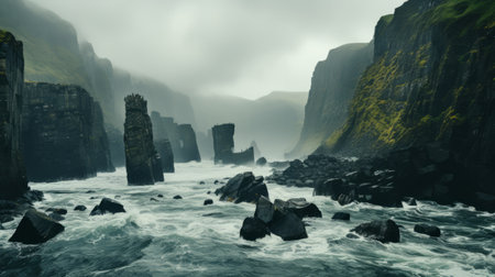 the photo showcases black and tan rocks, resembling layered and atmospheric landscapes. with a misty gothic vibe, it resembles a fantastical ruin captured in a hyper-realistic water setting. this uhd image, reminiscent of national geographic style, portrays the stark and unfiltered beauty of the rocks. ai generatedの素材