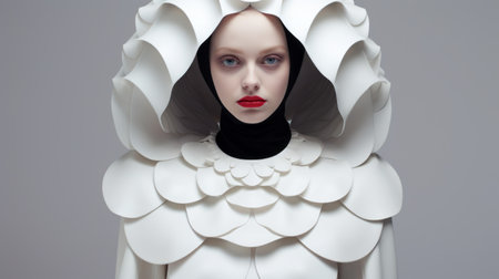 a woman dons a striking headdress made of paper and adorned with flowers, reminiscent of gareth pugh's futuristic realism. the monochromatic white figures in the background create a contrasting backdrop, with hints of dark white and red. the photograph captures the exquisite clothing detail, reminiscent of petrina hicks' style, while also showcasing the artistic vision of mike campau. ai generatedの素材