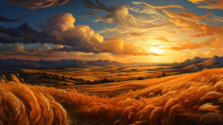 mountain range in the style of cyril rolando and thomas hart benton: this breathtaking panorama captures a distant mountain range, adorned with golden hues and expansive skies. reminiscent of the brushstroke fields of apollinary vasnetsov, this artwork beautifully combines the artistic styles of rolando and benton, creating a mesmerizing landscape that transports viewers to a world of natural beauty and tranquility. ai generatedの素材