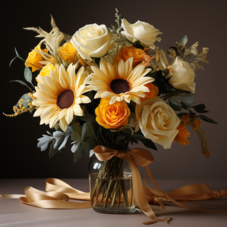 two white bouquets of flowers, consisting of roses and orange blossoms, are showcased in this photo. the bouquets are rendered in a photo-realistic style using vray tracing in cinema4d. the colors of the flowers range from dark yellow to amber, creating a visually appealing contrast against the yellow and beige background. ai generatedの素材
