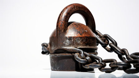 metal chain attached to a rustic still life object, featuring precise nautical details. the dark and foreboding colors create a sense of melancholy reminiscent of the great depression era. the angular constructions and white background add a touch of duckcore aesthetic to the composition. ai generatedの素材