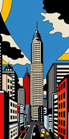city skyline painting featuring buildings and cars in a pop art cartoonish style. this bold and digitally enhanced artwork draws inspiration from chicago imagists, with elements of woodcut and linocut techniques. the vibrant colors and bold graphics make it a visually striking piece. perfect for adding a touch of pop art flair to any space. ai generatedの素材