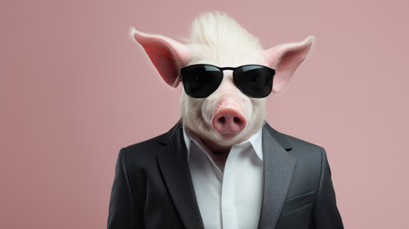 a pig wearing sunglasses stands next to a man in a dark suit, creating an edgy political commentary. the image features a pop culture mashup with light pink and white tones. it is a precise and lifelike photobash that combines animals and people, serving as a critique of consumer culture. ai generatedの素材